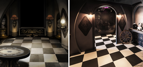游戏《DEEMO》里的房间(左)，透过店内设备艺术(右)完成在粉丝面前