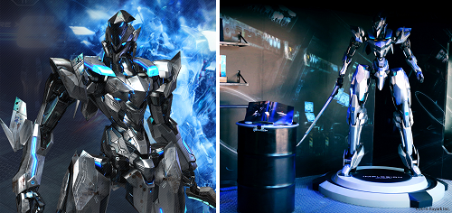 《Implosion》里的阿瓦隆机甲(左)，自始自终地英俊，化为模型出现在店内(右)
