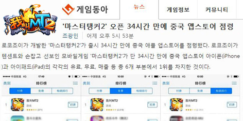 韩国闻名媒体对《我叫MT2》34小时六榜榜首进行报导